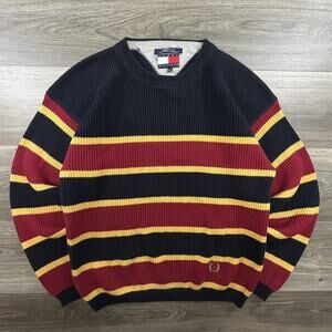 Vintage Tommy Hilfiger Sweater Mens Medium Striped Crest Logo Cotton Preppy 90s